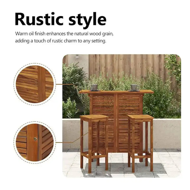 Ensemble de bar rustique marron pour 2 personnes, bois d'acacia massif, 3 pièces
