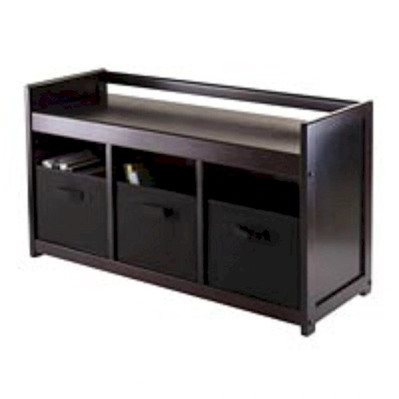 Banc de rangement en bois brun foncé avec 3 paniers en tissu noir, 1 place