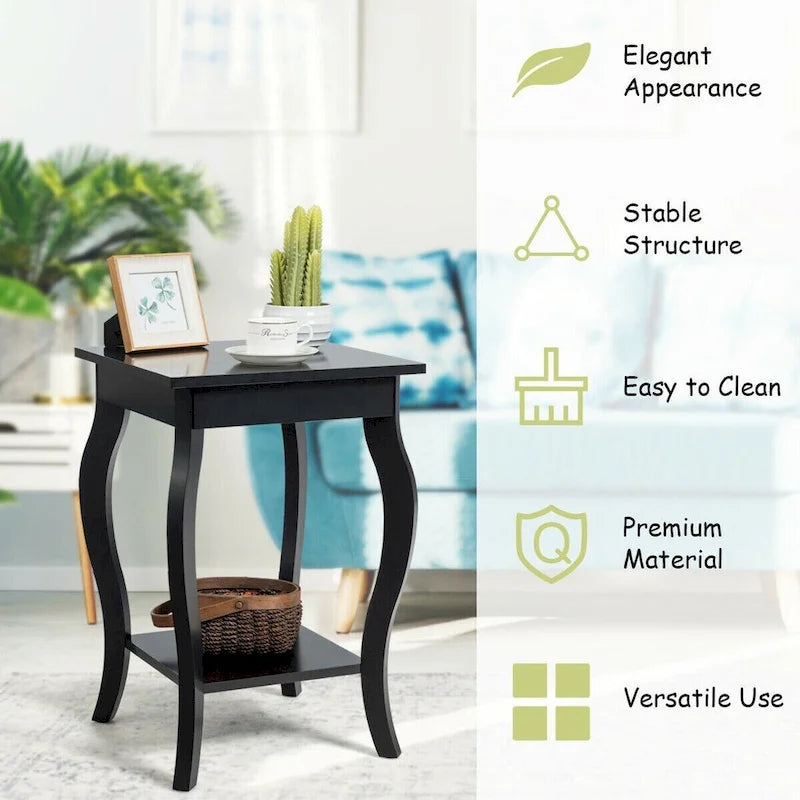 Table d'appoint noire à pieds incurvés avec étagère ouverte, pour 1 personne