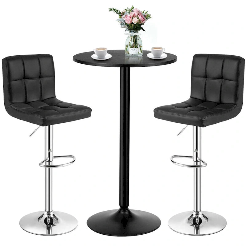 Ensemble table de bar ronde noire pour 2, table de bistrot moderne 3 pièces avec 2 tabourets pivotants réglables