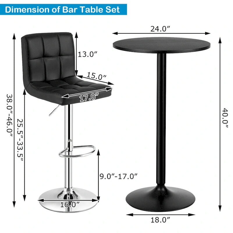 Ensemble table de bar ronde noire pour 2, table de bistrot moderne 3 pièces avec 2 tabourets pivotants réglables
