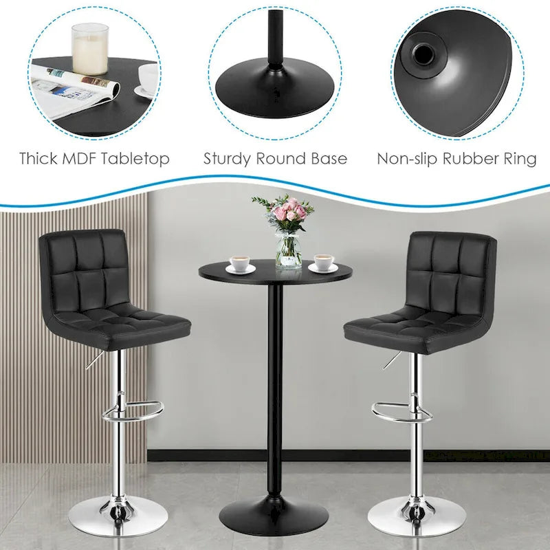 Ensemble table de bar ronde noire pour 2, table de bistrot moderne 3 pièces avec 2 tabourets pivotants réglables