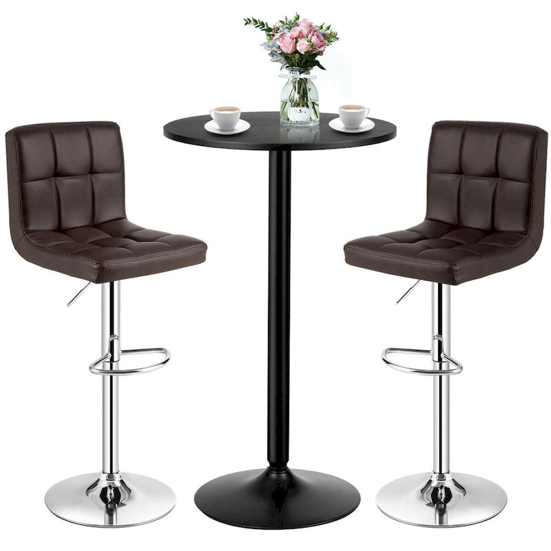 Ensemble table de bar ronde noire pour 2, table de bistrot moderne 3 pièces avec 2 tabourets pivotants réglables