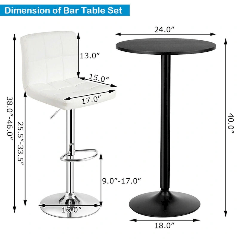 Ensemble table de bar ronde noire pour 2, table de bistrot moderne 3 pièces avec 2 tabourets pivotants réglables