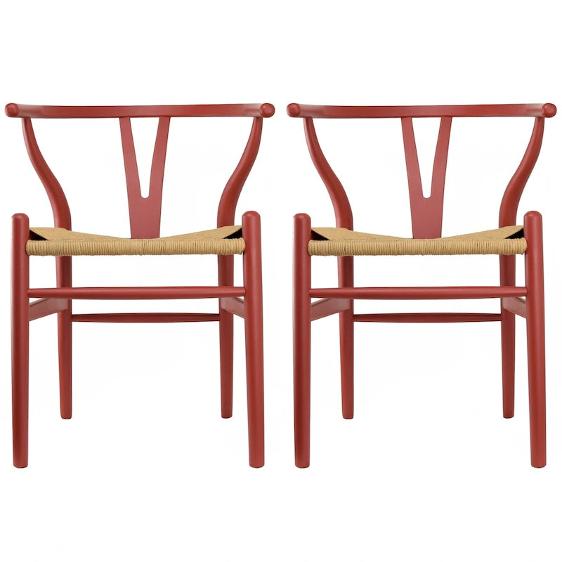 Chaise de salle à manger en bois rouge/orange avec assise en corde tressée, lot de 2