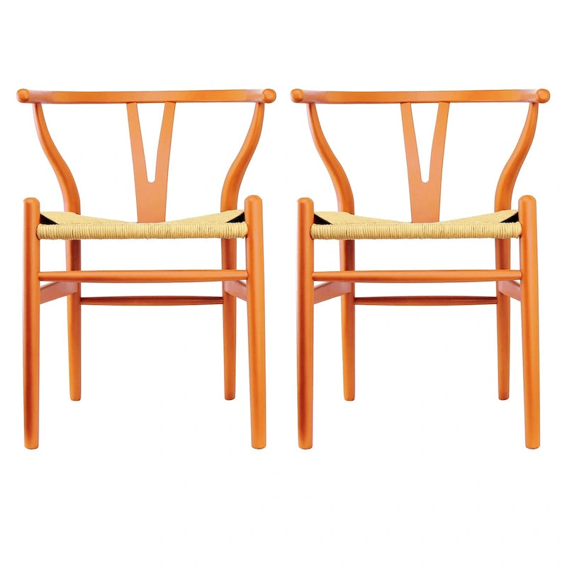 Chaise de salle à manger en bois rouge/orange avec assise en corde tressée, lot de 2