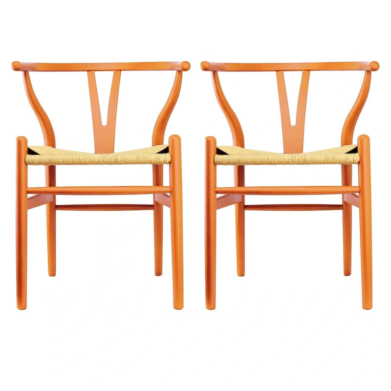 Chaise de salle à manger en bois rouge/orange avec assise en corde tressée, lot de 2