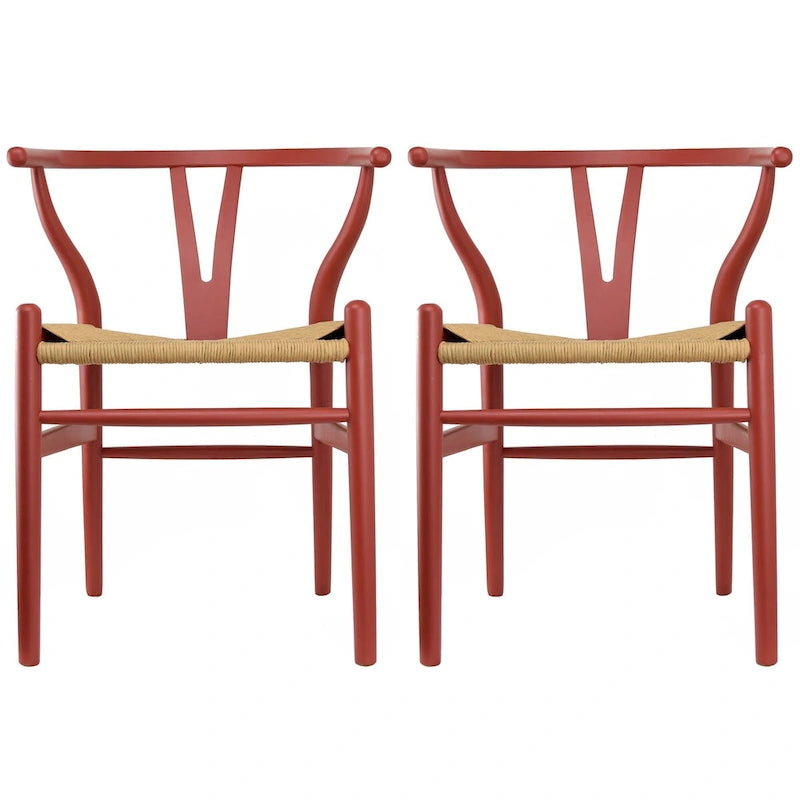 Chaise de salle à manger en bois rouge/orange avec assise en corde tressée, lot de 2