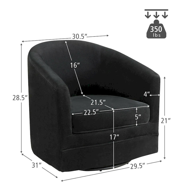 Fauteuil à accent pivotant en velours noir, barillet, individuel