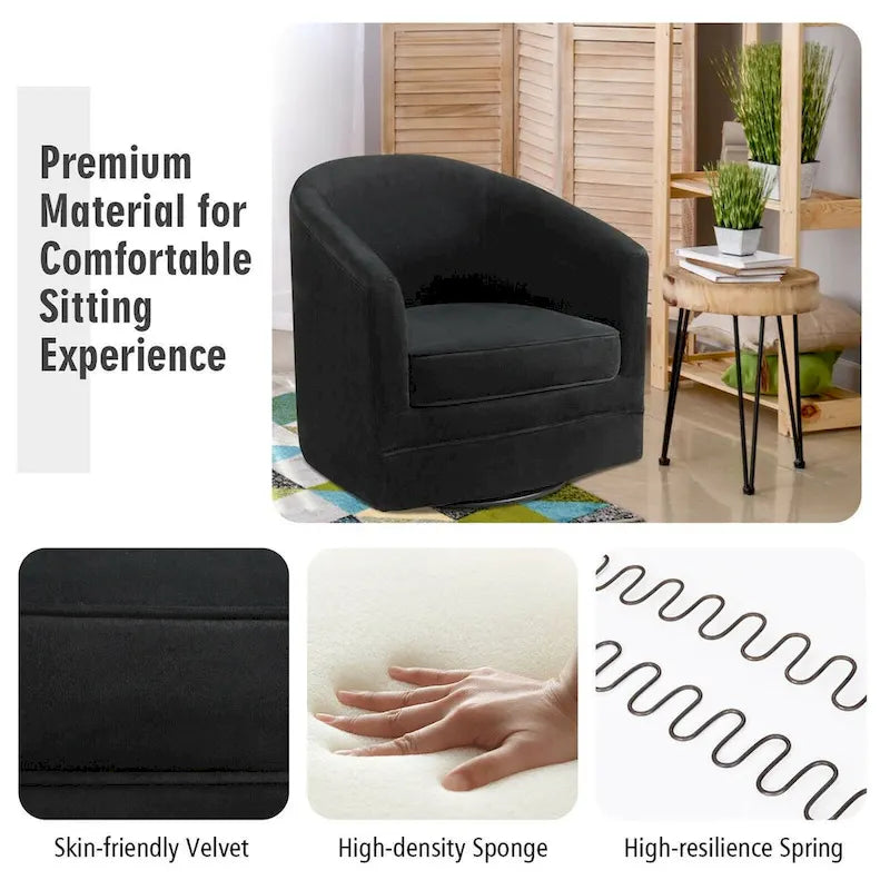 Fauteuil à accent pivotant en velours noir, barillet, individuel