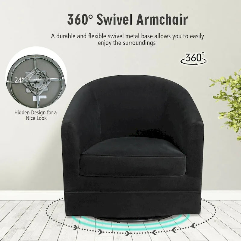 Fauteuil à accent pivotant en velours noir, barillet, individuel