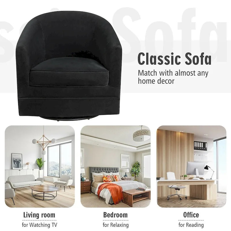 Fauteuil à accent pivotant en velours noir, barillet, individuel