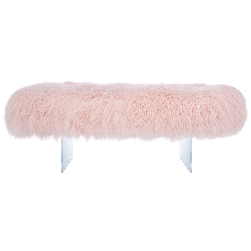 Pouffe en véritable peau de mouton avec pieds en acrylique, blanc / rose poudré, 1 place