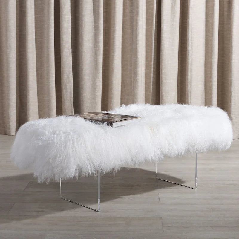 Pouffe en véritable peau de mouton avec pieds en acrylique, blanc / rose poudré, 1 place