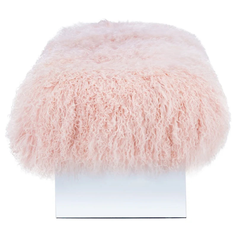 Pouffe en véritable peau de mouton avec pieds en acrylique, blanc / rose poudré, 1 place