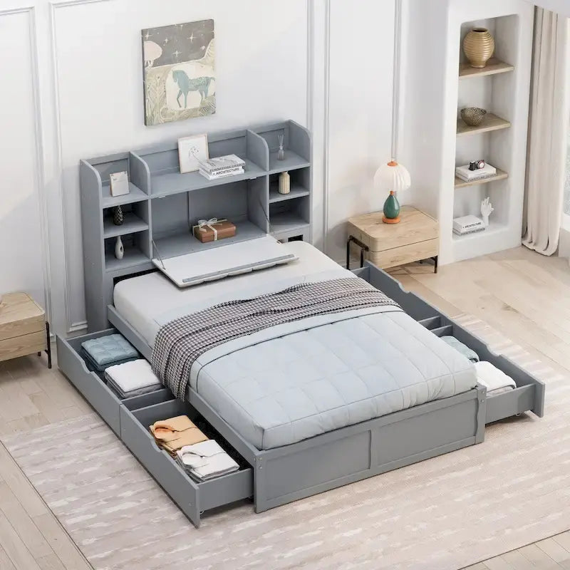 Lit double de rangement gris/blanc avec tête de lit rembourrée et 4 tiroirs, pour 2 personnes