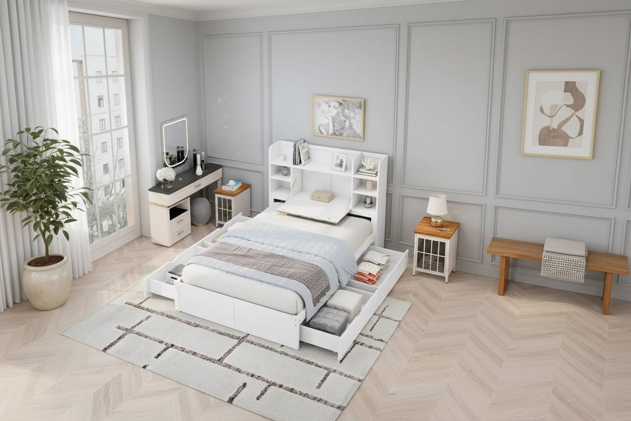 Lit double de rangement gris/blanc avec tête de lit rembourrée et 4 tiroirs, pour 2 personnes