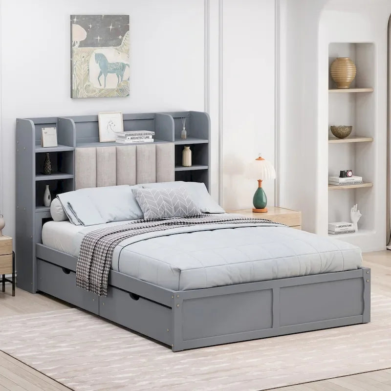 Lit double de rangement gris/blanc avec tête de lit rembourrée et 4 tiroirs, pour 2 personnes