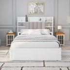 Lit double de rangement gris/blanc avec tête de lit rembourrée et 4 tiroirs, pour 2 personnes