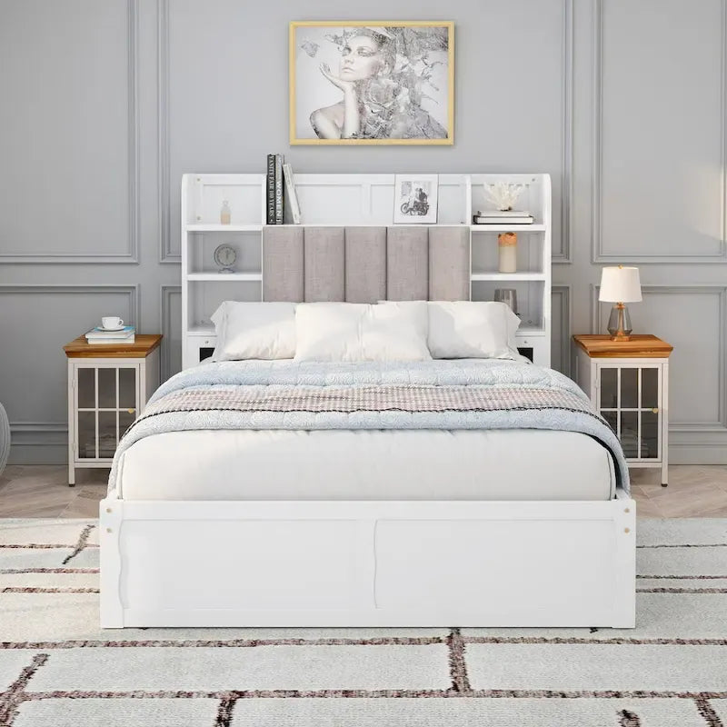 Lit double de rangement gris/blanc avec tête de lit rembourrée et 4 tiroirs, pour 2 personnes