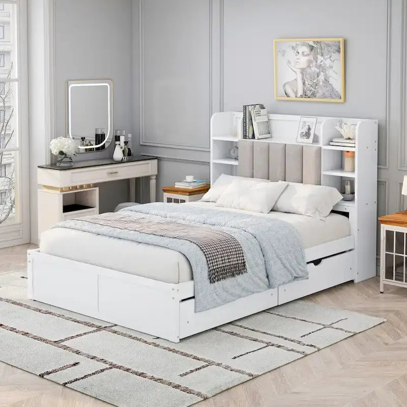 Lit double de rangement gris/blanc avec tête de lit rembourrée et 4 tiroirs, pour 2 personnes