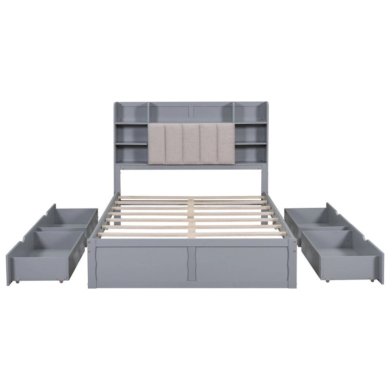 Lit double de rangement gris/blanc avec tête de lit rembourrée et 4 tiroirs, pour 2 personnes