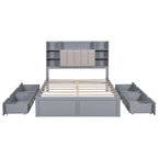 Lit double de rangement gris/blanc avec tête de lit rembourrée et 4 tiroirs, pour 2 personnes
