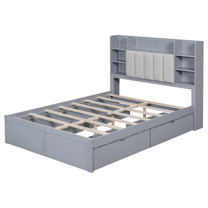 Lit double de rangement gris/blanc avec tête de lit rembourrée et 4 tiroirs, pour 2 personnes