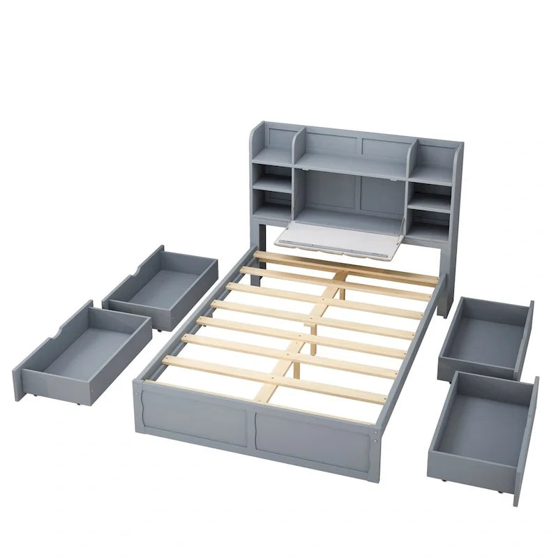 Lit double de rangement gris/blanc avec tête de lit rembourrée et 4 tiroirs, pour 2 personnes
