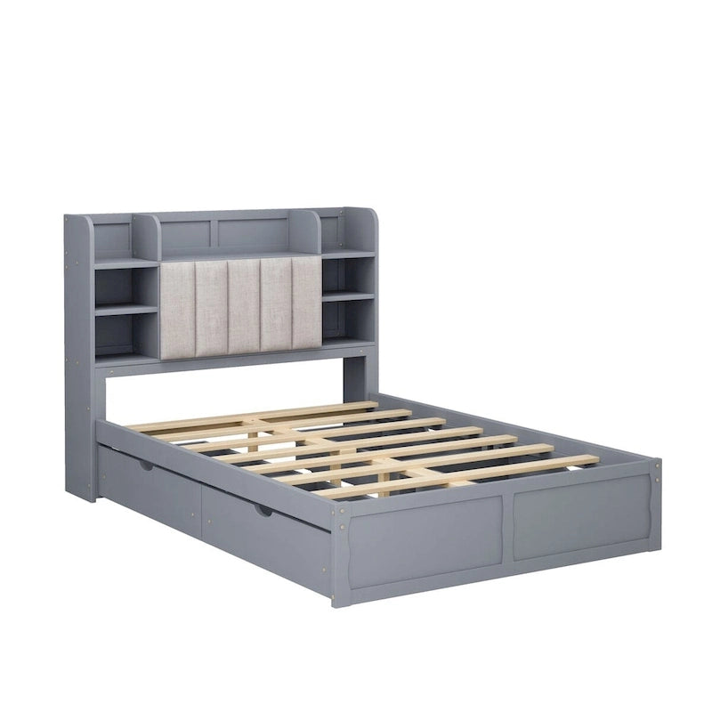 Lit double de rangement gris/blanc avec tête de lit rembourrée et 4 tiroirs, pour 2 personnes