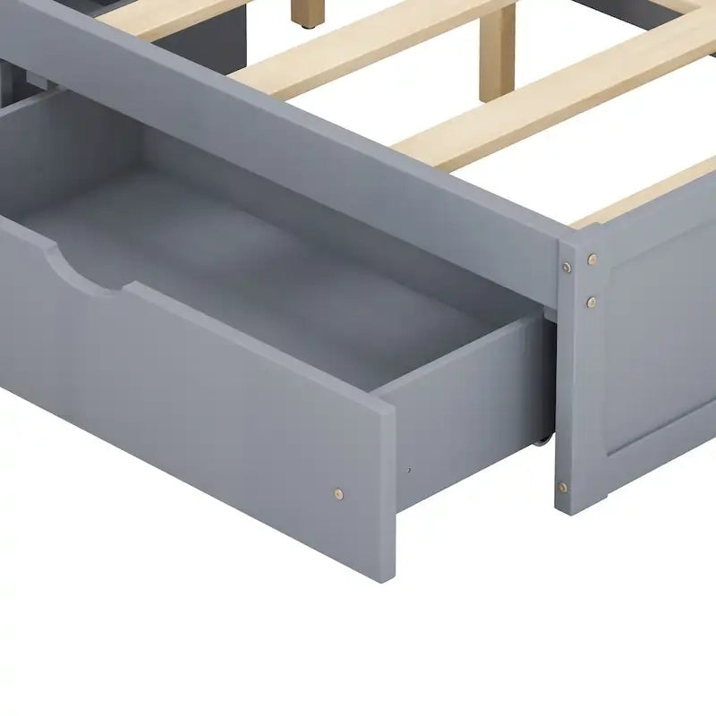 Lit double de rangement gris/blanc avec tête de lit rembourrée et 4 tiroirs, pour 2 personnes