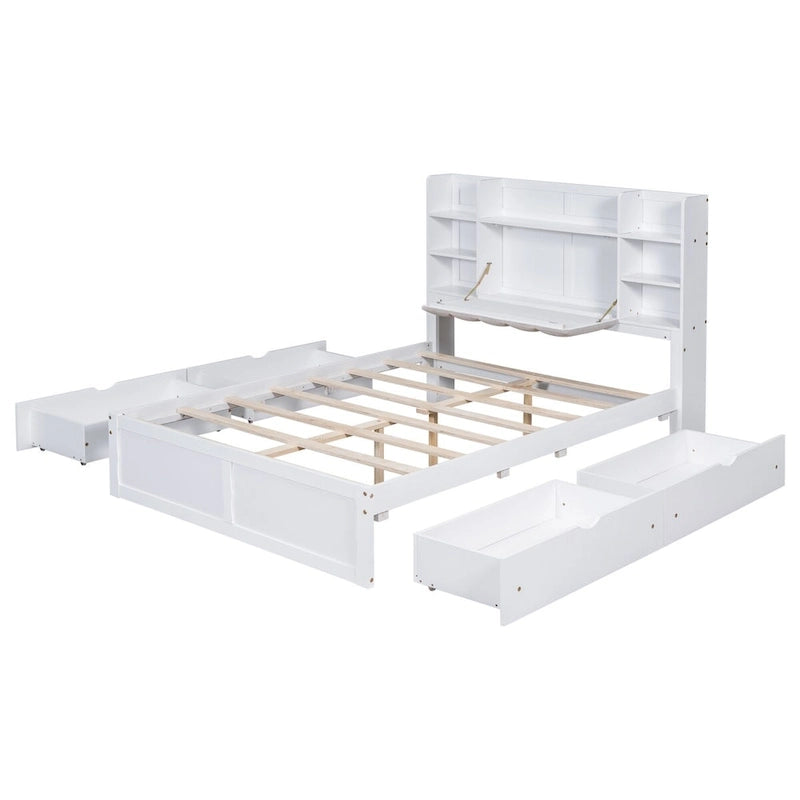 Lit double de rangement gris/blanc avec tête de lit rembourrée et 4 tiroirs, pour 2 personnes