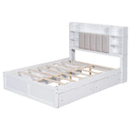 Lit double de rangement gris/blanc avec tête de lit rembourrée et 4 tiroirs, pour 2 personnes