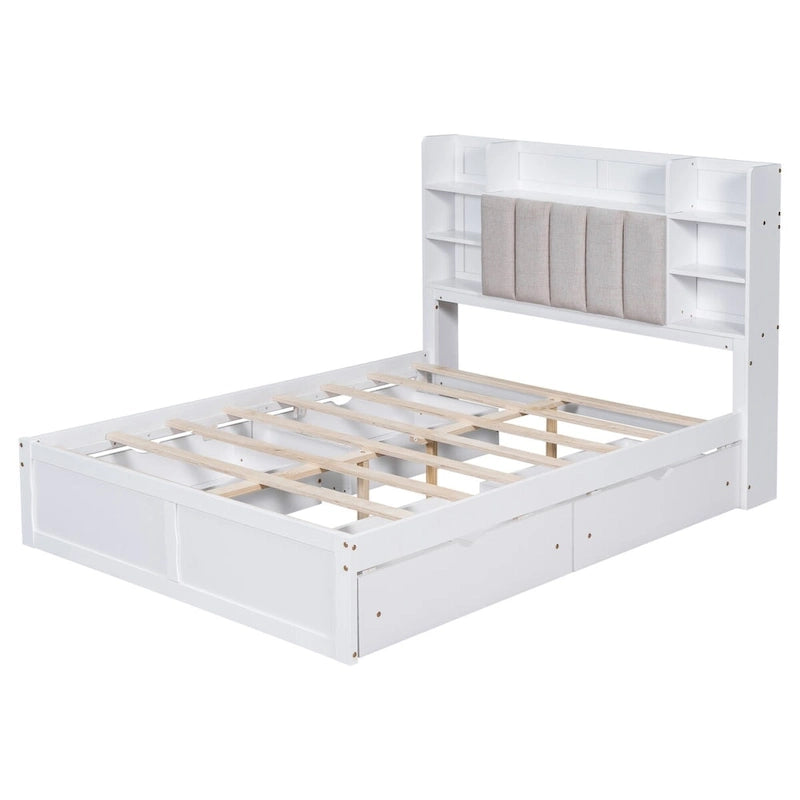 Lit double de rangement gris/blanc avec tête de lit rembourrée et 4 tiroirs, pour 2 personnes