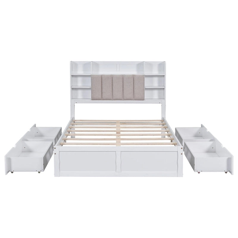 Lit double de rangement gris/blanc avec tête de lit rembourrée et 4 tiroirs, pour 2 personnes
