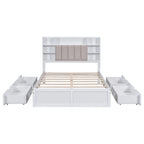 Lit double de rangement gris/blanc avec tête de lit rembourrée et 4 tiroirs, pour 2 personnes