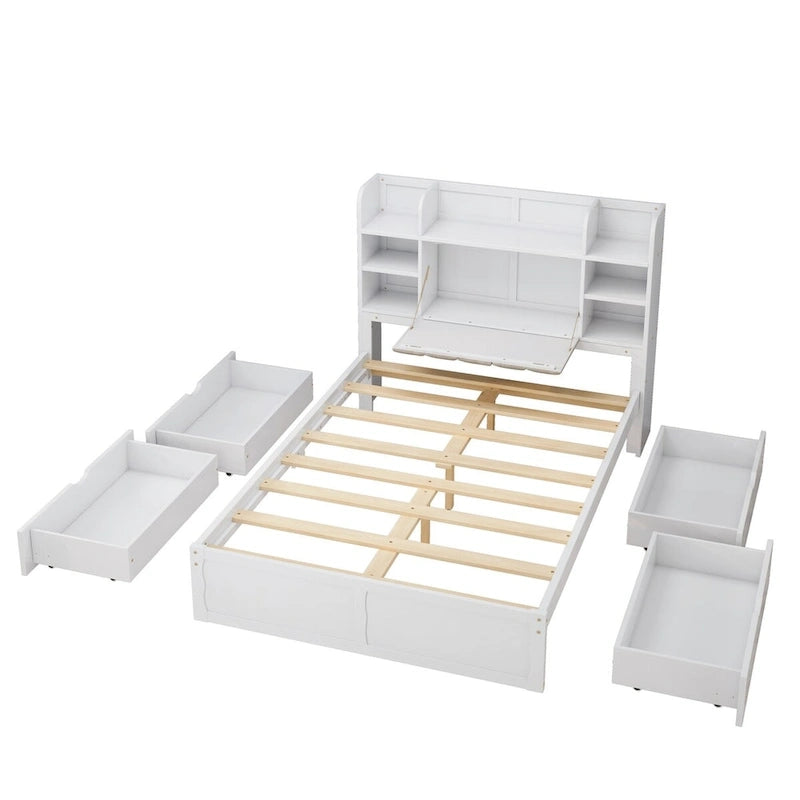 Lit double de rangement gris/blanc avec tête de lit rembourrée et 4 tiroirs, pour 2 personnes