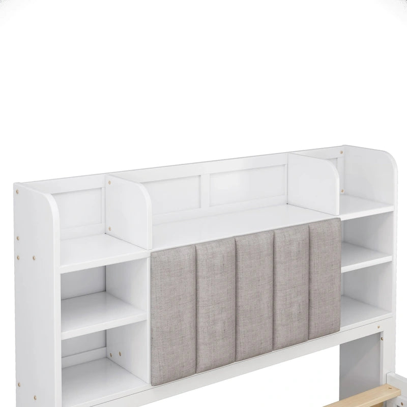 Lit double de rangement gris/blanc avec tête de lit rembourrée et 4 tiroirs, pour 2 personnes