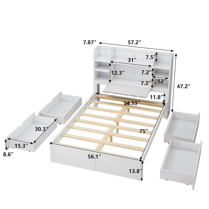 Lit double de rangement gris/blanc avec tête de lit rembourrée et 4 tiroirs, pour 2 personnes