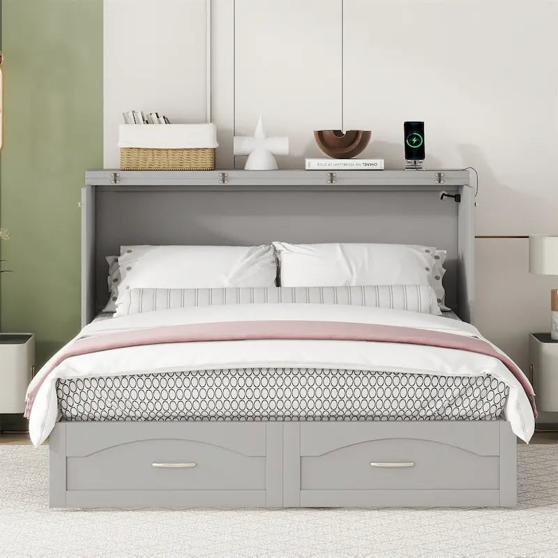 Lit escamotable grand lit/deux places blanc/gris avec tiroirs et ports USB, pour 1 à 2 personnes