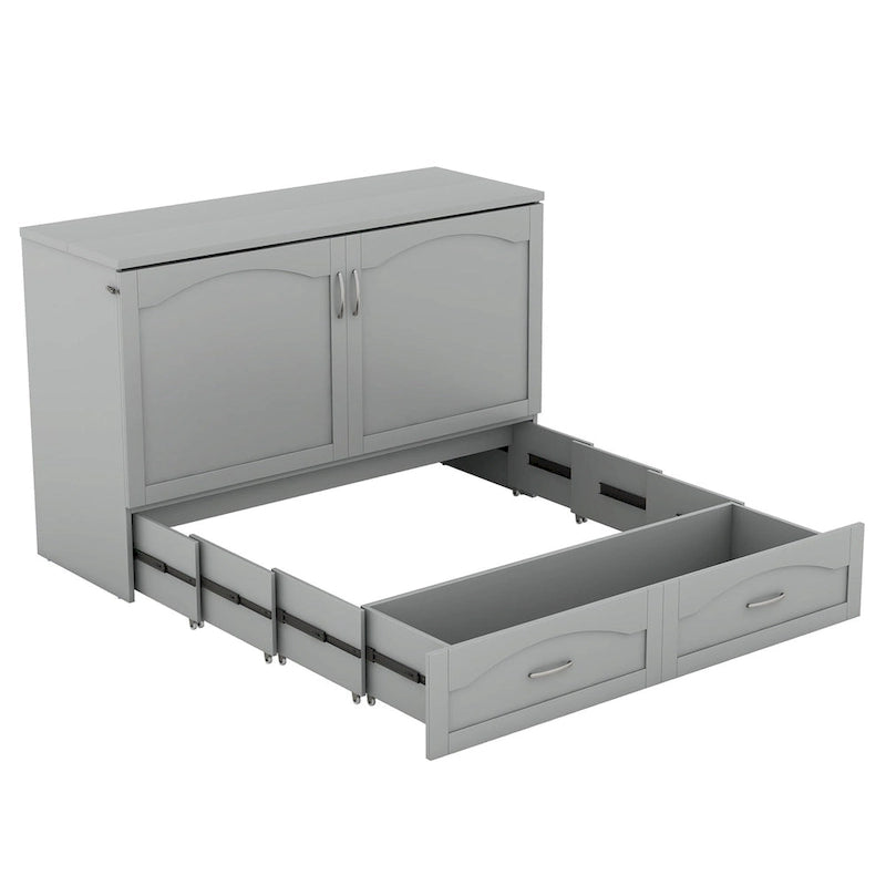 Lit escamotable grand lit/deux places blanc/gris avec tiroirs et ports USB, pour 1 à 2 personnes