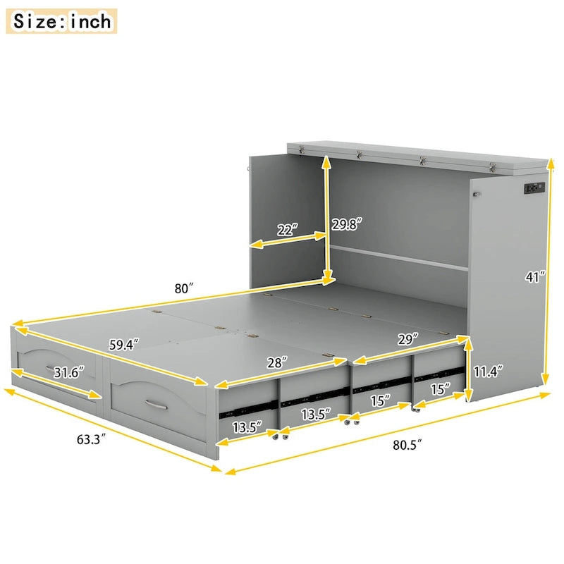 Lit escamotable grand lit/deux places blanc/gris avec tiroirs et ports USB, pour 1 à 2 personnes