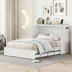 Lit escamotable grand lit/deux places blanc/gris avec tiroirs et ports USB, pour 1 à 2 personnes