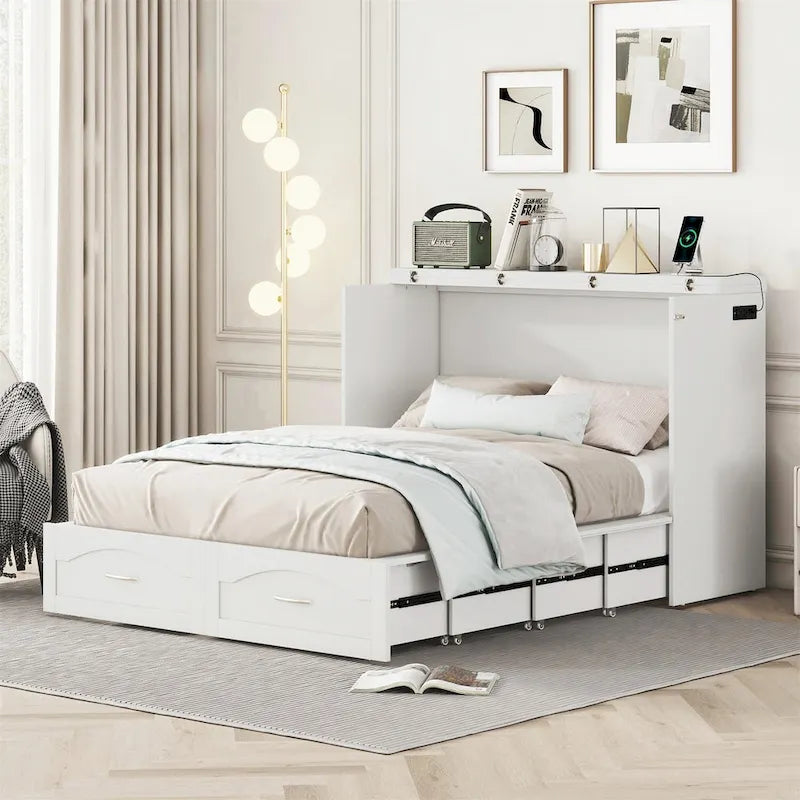 Lit escamotable grand lit/deux places blanc/gris avec tiroirs et ports USB, pour 1 à 2 personnes