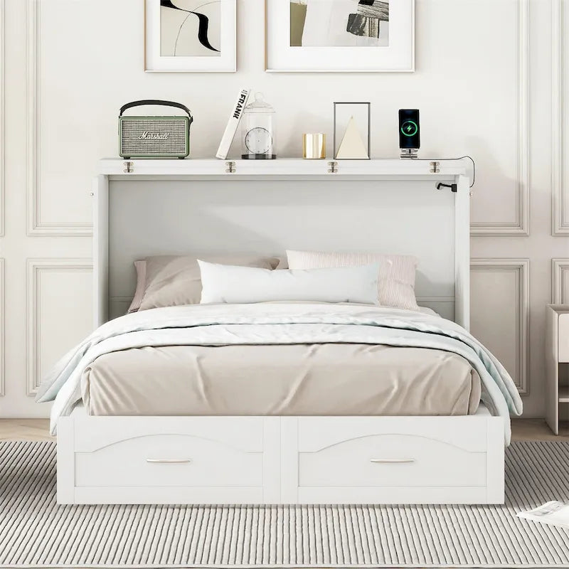 Lit escamotable grand lit/deux places blanc/gris avec tiroirs et ports USB, pour 1 à 2 personnes