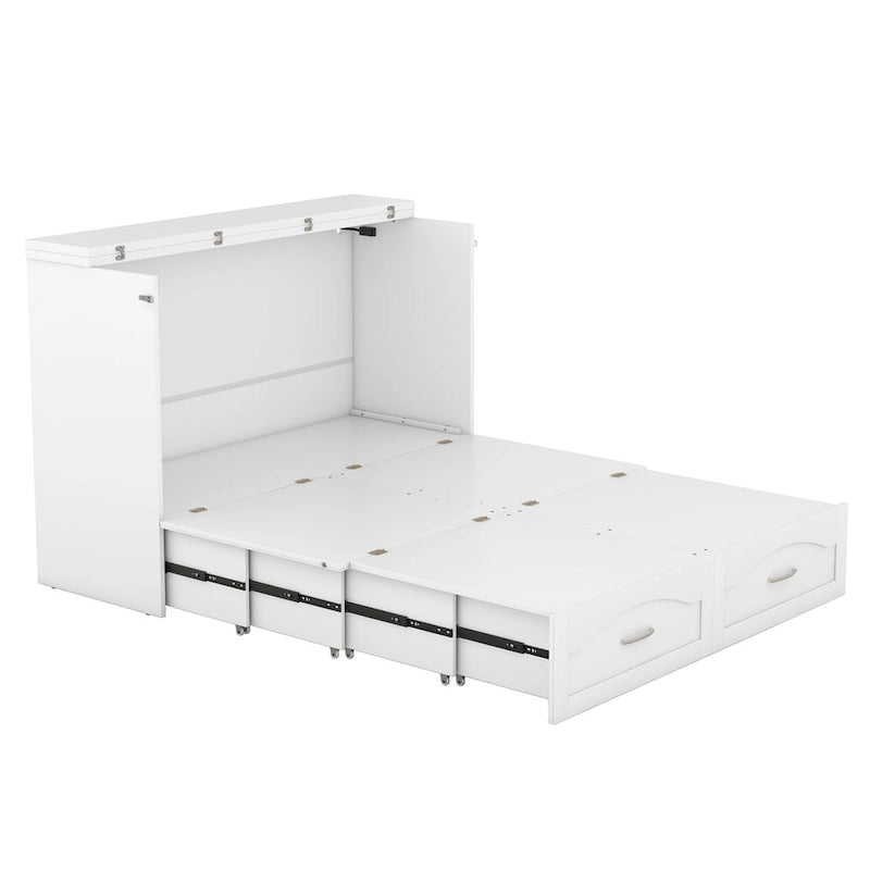 Lit escamotable grand lit/deux places blanc/gris avec tiroirs et ports USB, pour 1 à 2 personnes