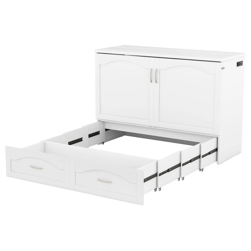 Lit escamotable grand lit/deux places blanc/gris avec tiroirs et ports USB, pour 1 à 2 personnes