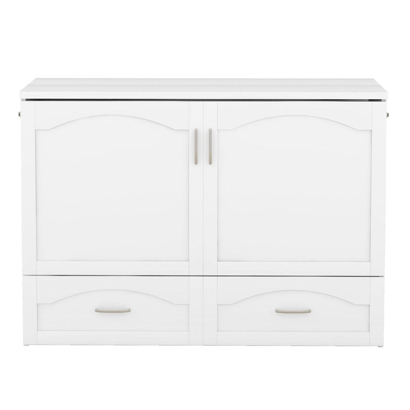 Lit escamotable grand lit/deux places blanc/gris avec tiroirs et ports USB, pour 1 à 2 personnes