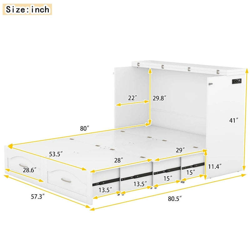 Lit escamotable grand lit/deux places blanc/gris avec tiroirs et ports USB, pour 1 à 2 personnes