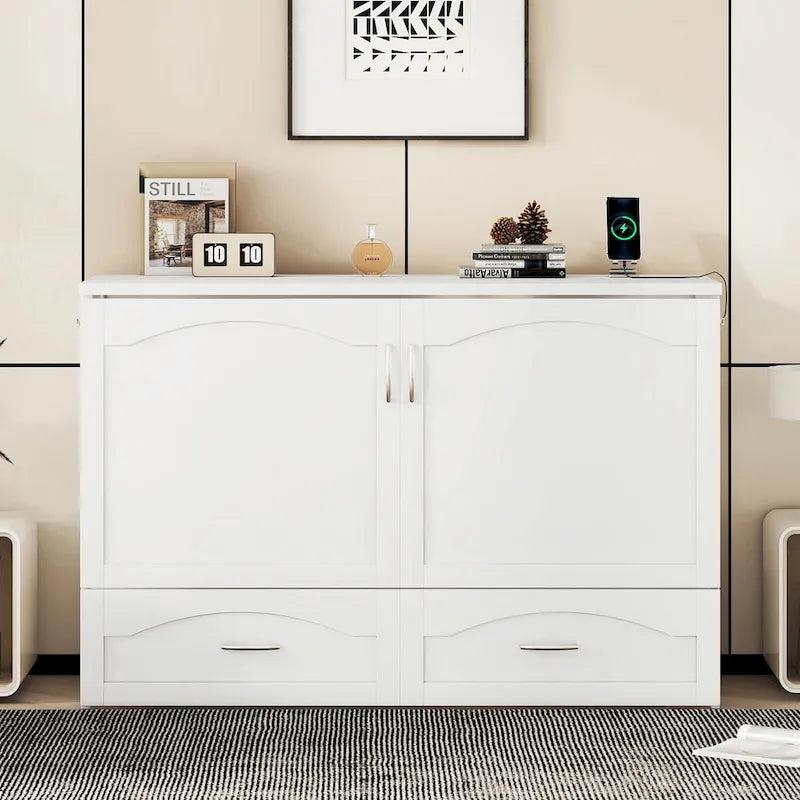 Lit escamotable grand lit/deux places blanc/gris avec tiroirs et ports USB, pour 1 à 2 personnes